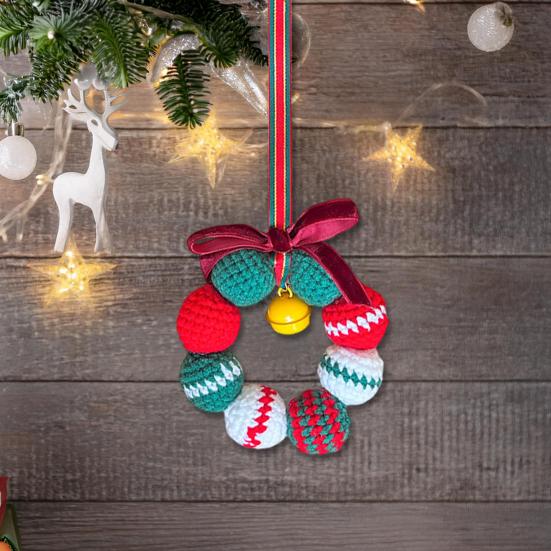 Hand-Knitted Balls Christmas Wreath DIY Knitted Small Wreath Ornament with Mini Jingle Bell