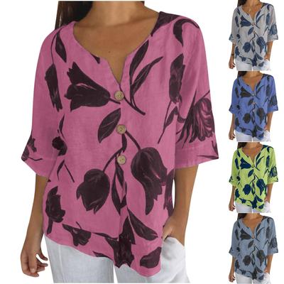 Blumen V-Ausschnitt Kurzarm Pullover Shirt Lässig Damen Slothing