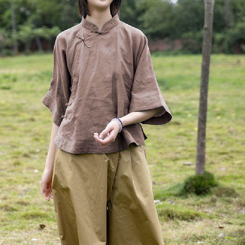 Elegantes Sommerhemd für Damen im Retro-Chinesischen Stil mit Stehkragen und Froschknöpfen, Mittellanges Baumwoll-Leinen-Oberteil.