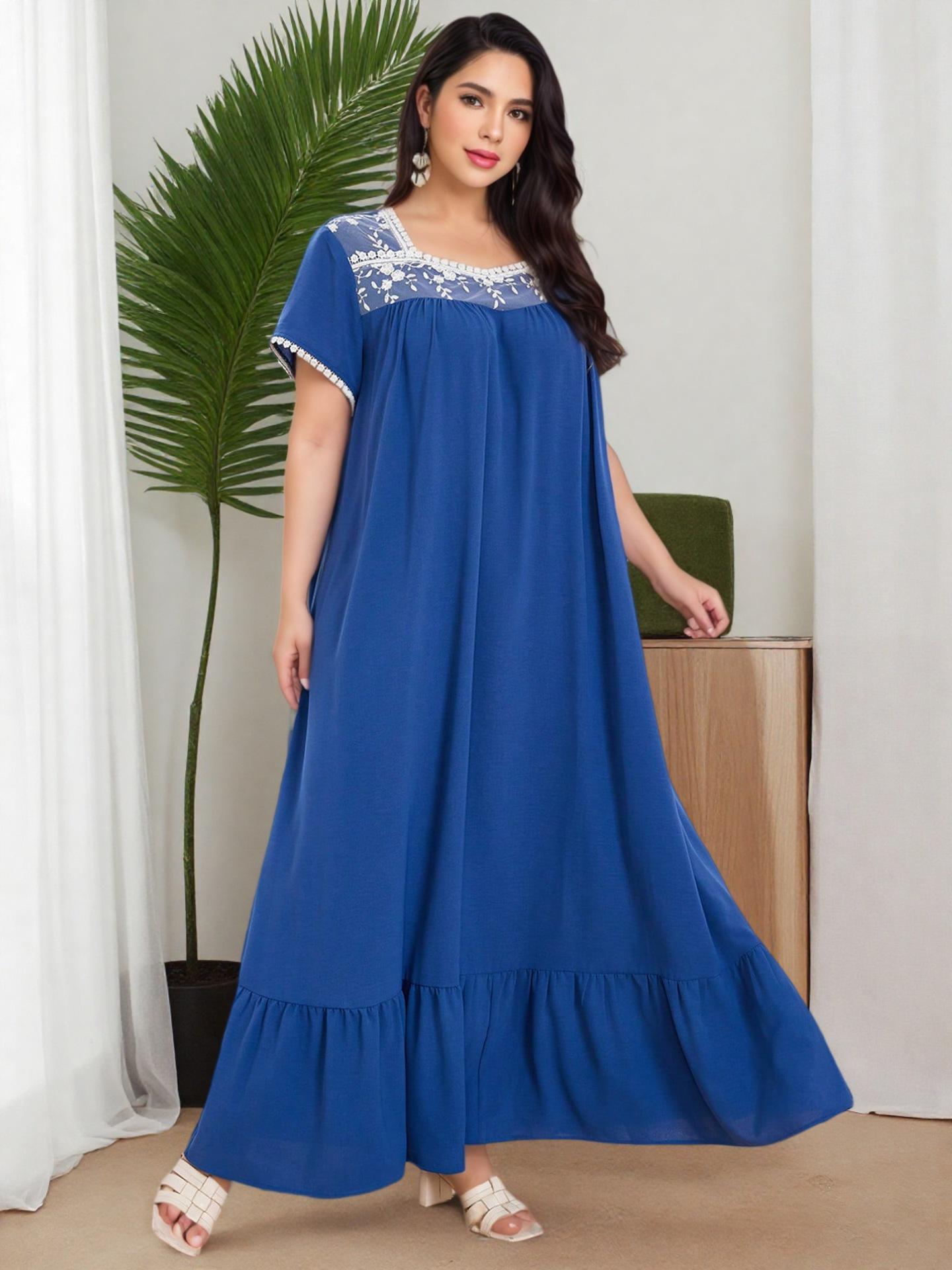 Ближний Восток Плюс Размер Весна 2025 Кружевная Отделка Короткий Рукав Свободная Юбка с Воланами по Низу 2XL синий