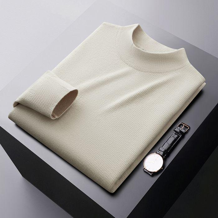 Men's Plus Velvet Half-High Collar Knit Sweater - Anti-Pilling Dobby Fleece, Solid Color for Autumn/Winter