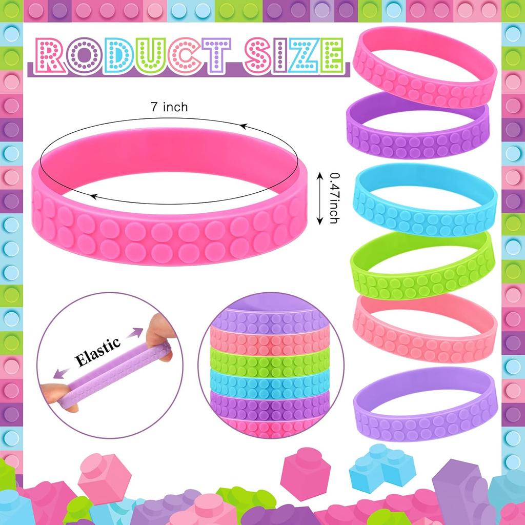 Pulseras de Bloques de Construcción 14/28 Piezas Recuerdos de Fiesta Infantil Pulseras de Goma Elásticas de Colores para Niños y Niñas - Divertidos Regalos de Fiesta de Cumpleaños