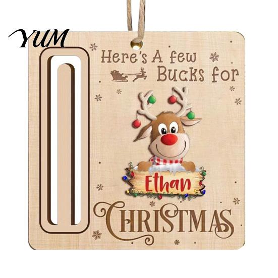 Elk Pattern Xmas Tree Pendants Rustic Santa Reindeer Money Holder Ornament, Wooden Cash Gift Card Creative Ornaments Clip with Slot, Christmas Hanging
