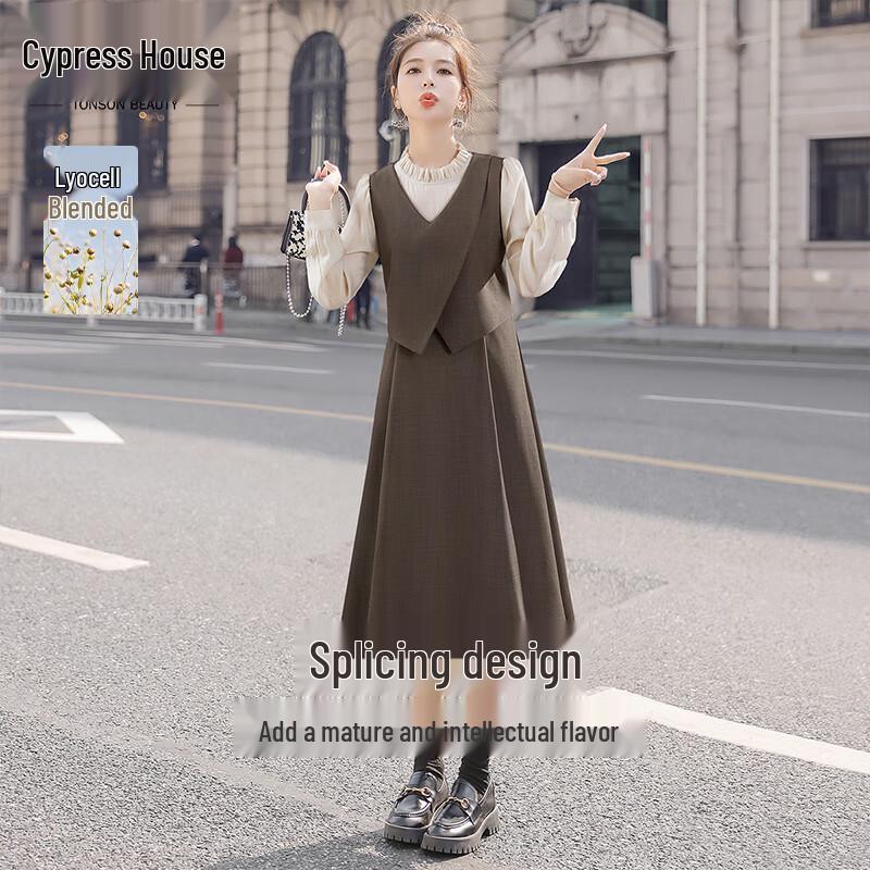 

Women s Faux Two-Piece Patchwork Slim-Fit Midi Dress L