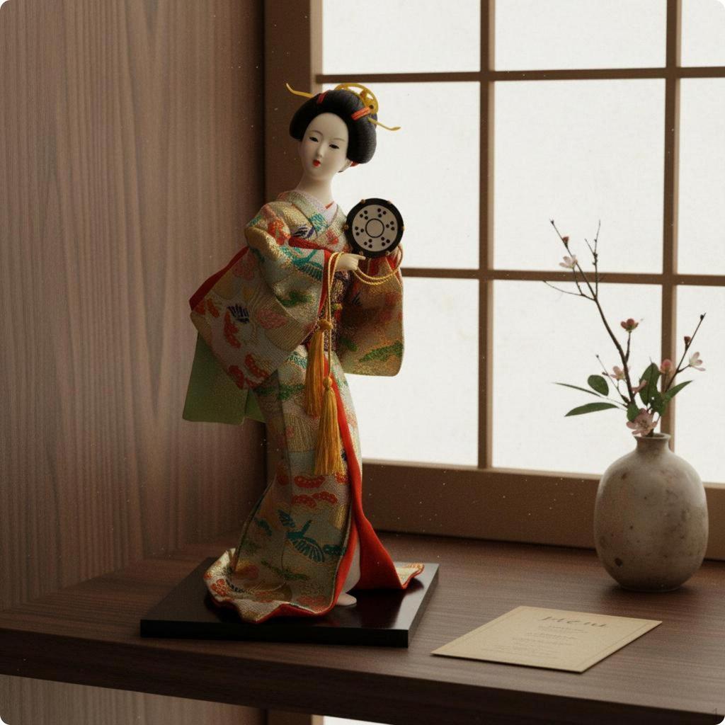 Japanische Geisha-Puppe Details Traditionelle Figur Handgefertigte Seidenstatue für