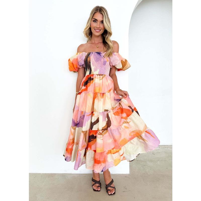 Summer New Bubble Sleeve Holiday Skinny Long Dress Spice Girl High Waist Shoulder Printed Dress Women