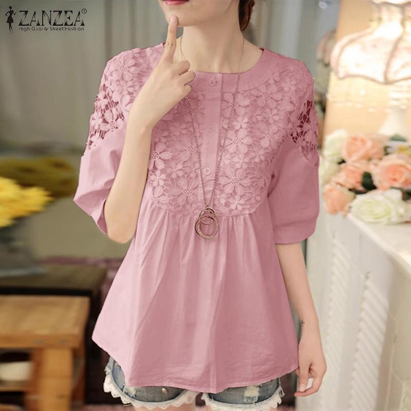 ZANZEA Womens Casual Lace Patchwork Round Neck Half Sleeve Blouse