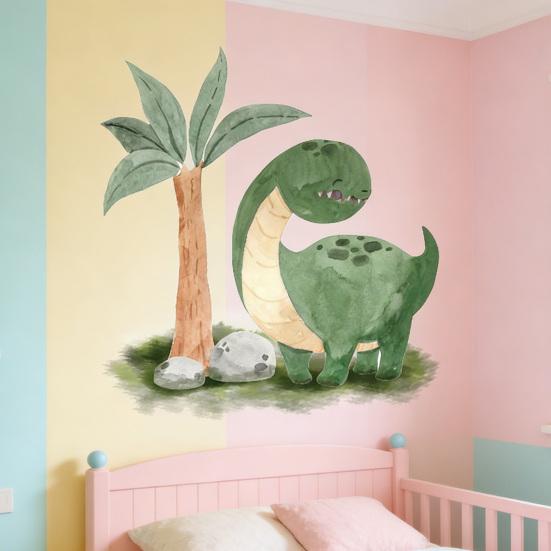 Cute Dinosaur Wall Sticker Cartoon Dino Tropical Palm Tree Wall Decals Peel And Stick Dino Wall Art for Kids Boys Nursery Bedroom Playroom Classroom