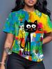 Women's Summer Playful Black Cat Print Colorful T-Shirt- Funny Retro Big-Eyed Black Cat Contrast Color Casual Crew Neck Top for Daily Casual Wear Soci