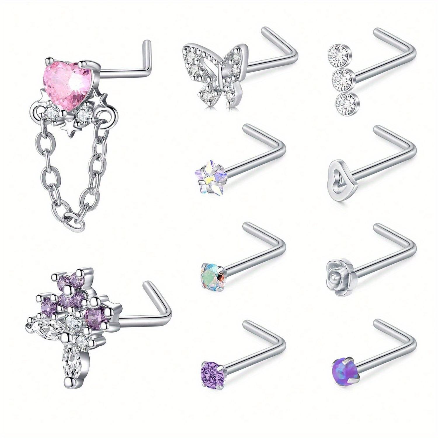 1/10pcs 20G 7mm Nose Stud Set 304 Stainless Steel Nostril Jewelry Elegant Cute Nose Screw Hoop Rings Synthetic Zirconia Geometric&Nose Rings & Studs&Face