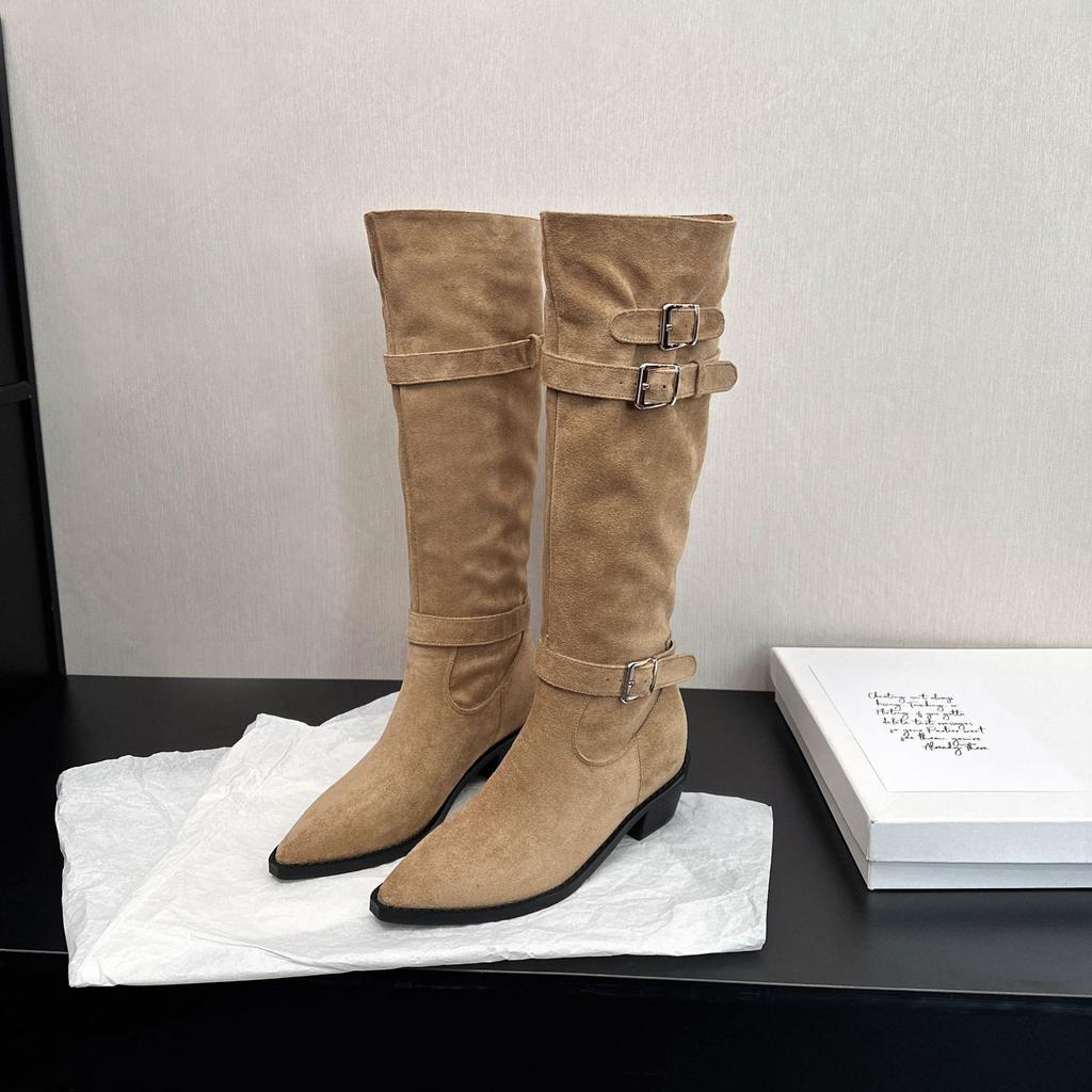 Leather inner height increase retro belt buckle thick heel boots but knee thin knight boots pointed pleated pile boots