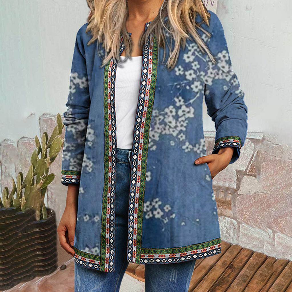 Fashion Ladies Vintage Ethnic Print Long Sleeve Jacket Jacket Cardigan Top