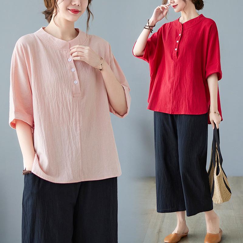 Koszula z bawełny i lnu w jednolitym kolorze, z półotwartym kołnierzykiem i rękawami w kształcie nietoperza, w dużym rozmiarze, damska, letnia koszula literacka