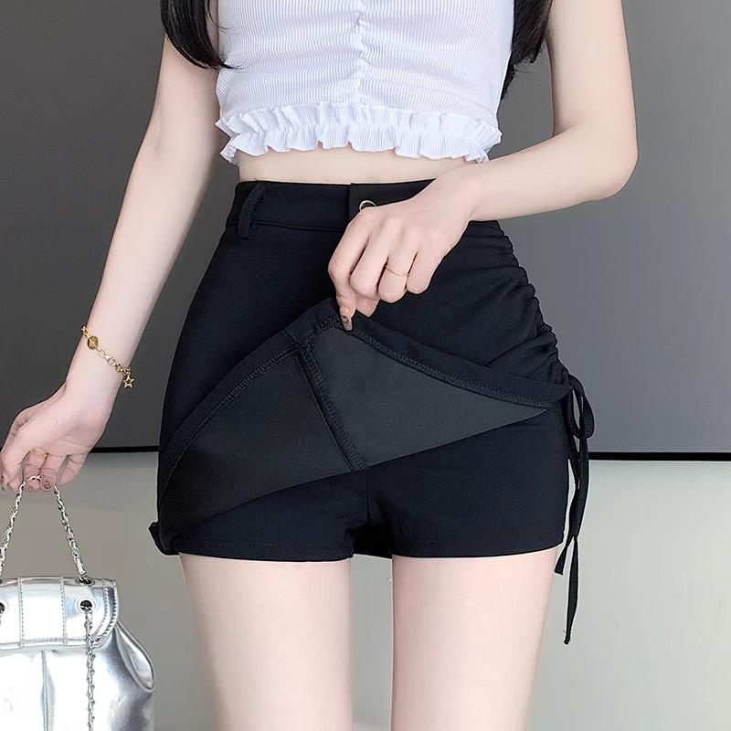 Dámská černá midi sukně áčkového střihu s vysokým pasem 2024 - Zeštíhlující, univerzální, s nepravidelným stahováním, ležérní bodycon design na léto.