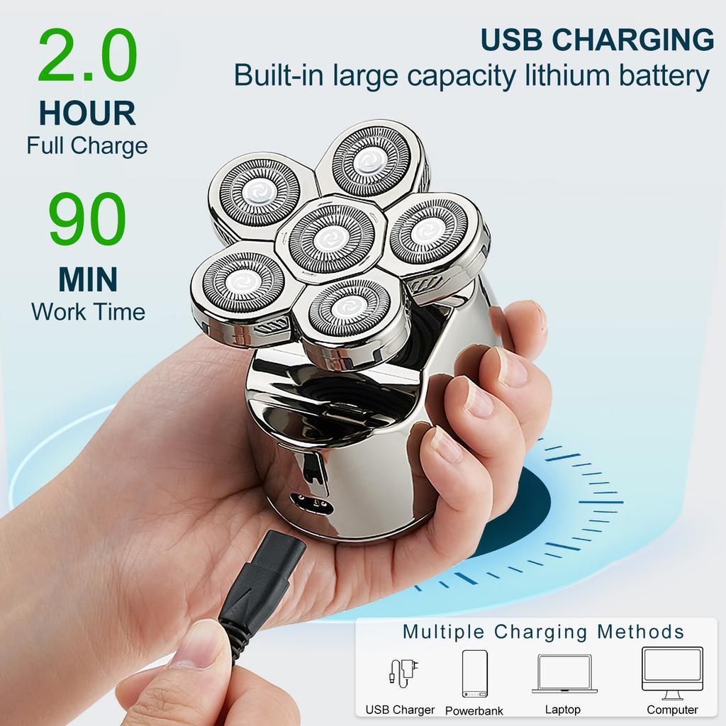 6 In 1 Rechargeable Electric Shaver 6 Floating Heads Bald Grooming Kit Shaver for Men Waterproof Wet Dry Beard Trimmer