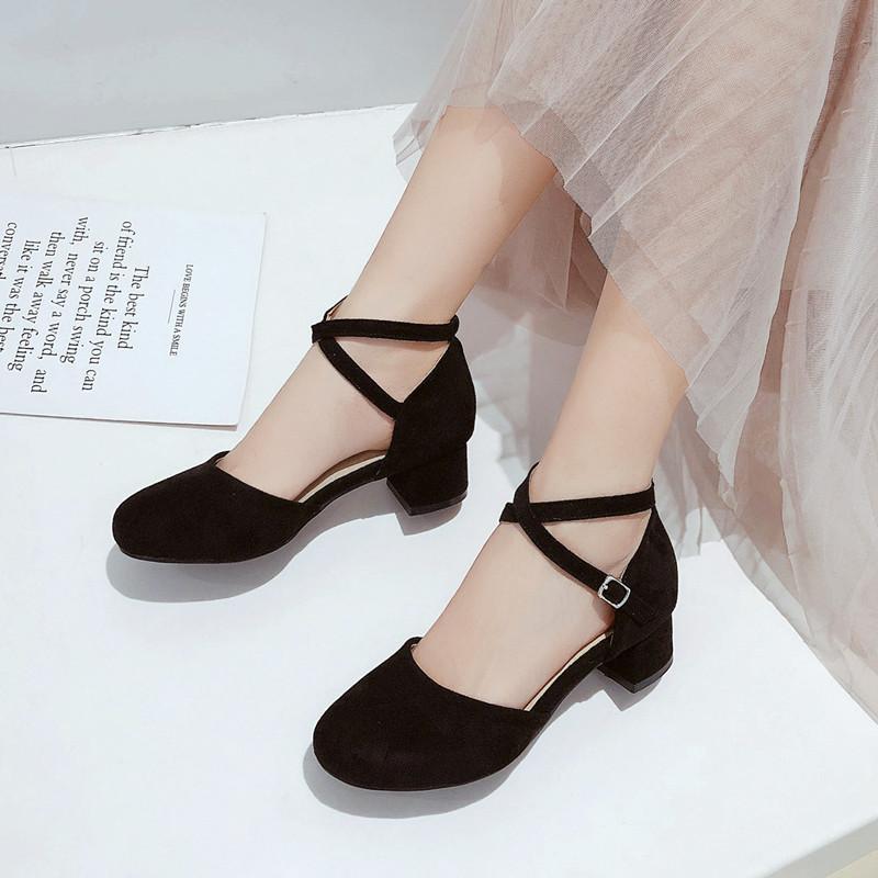 Baotou Sandals Girl Summer New Simple Cross Buckle Suede Small Size Thick Heel Student Versatile Evening Shoes