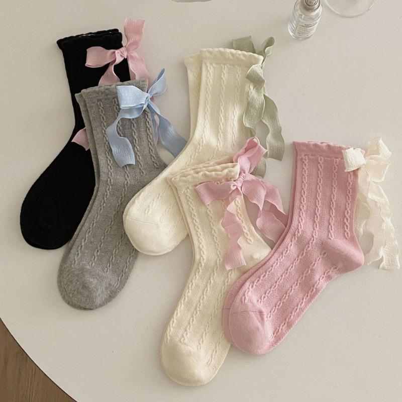 

Women s Spring and Summer New Ribbon Bow Breathable Ballet Wind Tube Pile Socks 1 pair молоко, білий колір