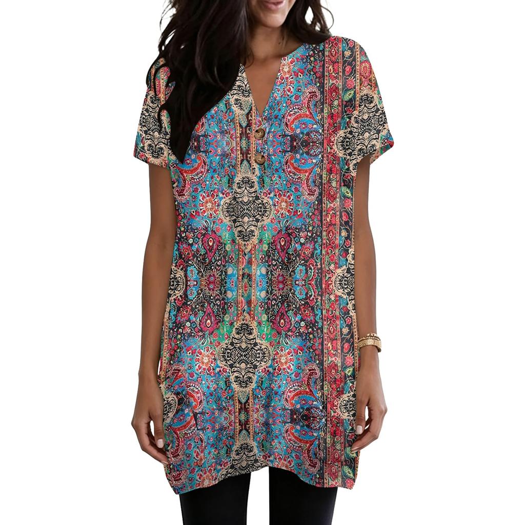 Women’s V Neck Vintage Floral Print Short Sleeve Pullover Top with Pockets Loose Fit Comfortable Design