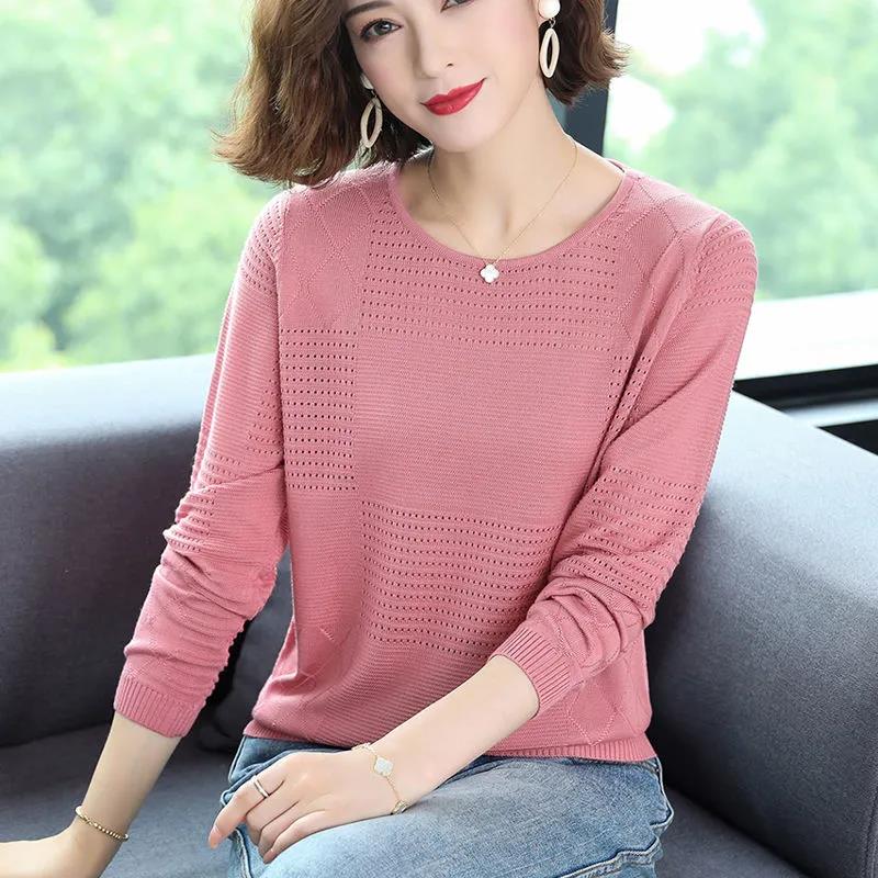 

WTEMPO Весенняя тонкая верхняя одежда Футболка женская с длинными рукавами Полый свободный и тонкий трикотажный топ большого размера XL розовый