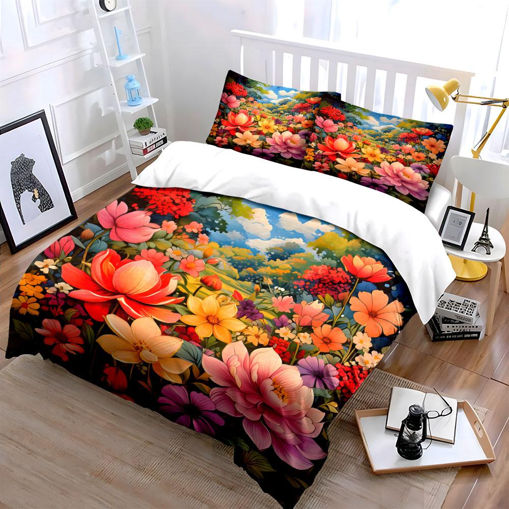 Colorful Floral Print Set Decor Soft Skin-Friendly Bedding Set Includes 1 Duvet Cover And 2 Pillowcase Gift