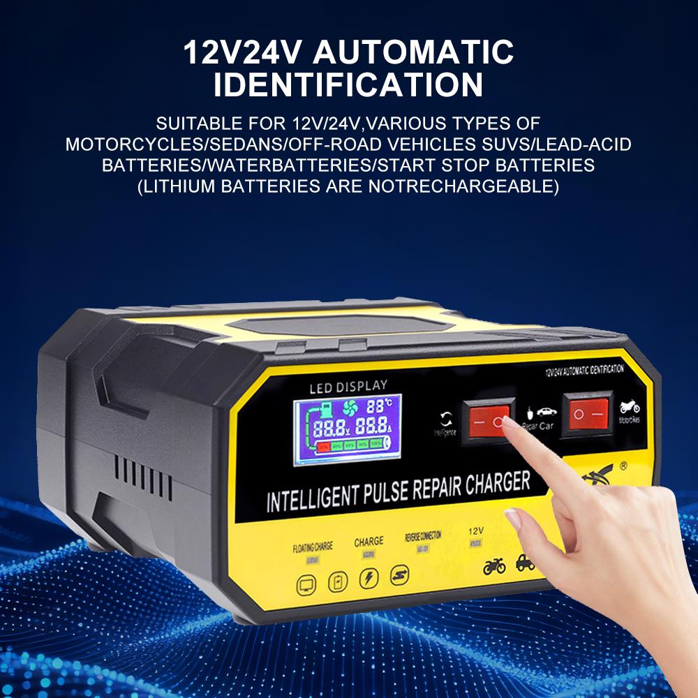 EU-Stecker Überspannungsschutz Intelligente Pulsreparatur Multifunktional 12V 24V 8A Autobatterieladegerät Automatischer Stopp Spannungs- und Temperaturerkennung