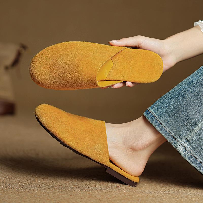 

Мода 2025 Лето Мягкие Женские Шлепанцы Натуральная Кожа Женская Обувь Круглый Носок Плоская с Закрытым Носком Слингбэк Женские Мюли 34 жёлтый