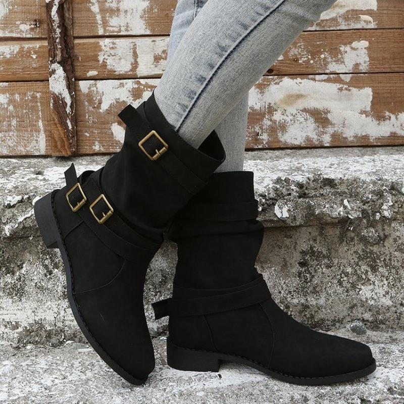 Fashion Flat Leather Half High Boots for Women Large Size Footwear On Promotion Demi-season Designer Luxury Pu Sale Mid Calf Shoes Woman