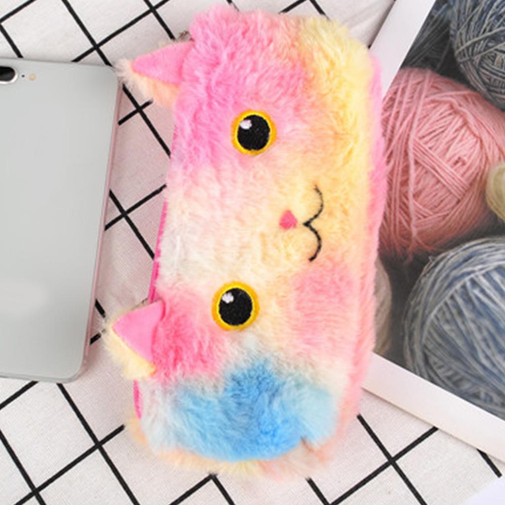 Plush Pencil Case Pouch Cute Cat Laser Color High Capacity Kids Students Office Supplies Round Eye