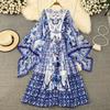 Retro Palace Wind Round Collar Bell Sleeve Loose Blue and White Porcelain Printed  Dress Elegant Temperament Large Skirt