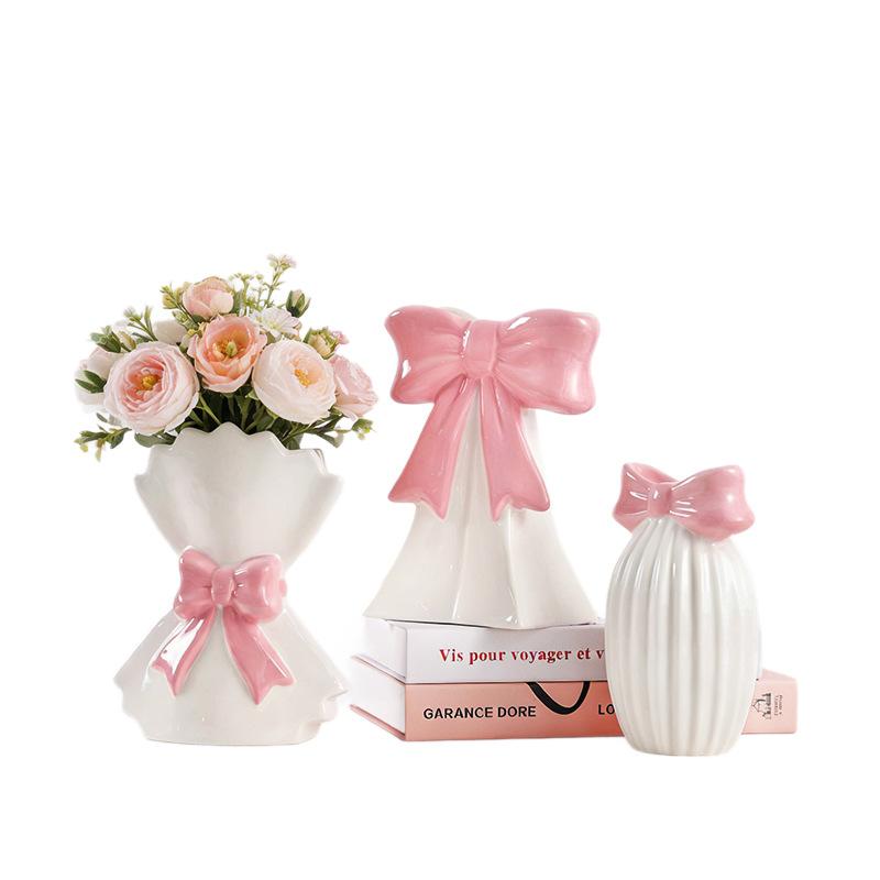 Ceramic Vase Hand-held Flower Arrangement Creative Bow Ceramic Vase Living Room Decor Artificial Flower Container Birthday Gift
