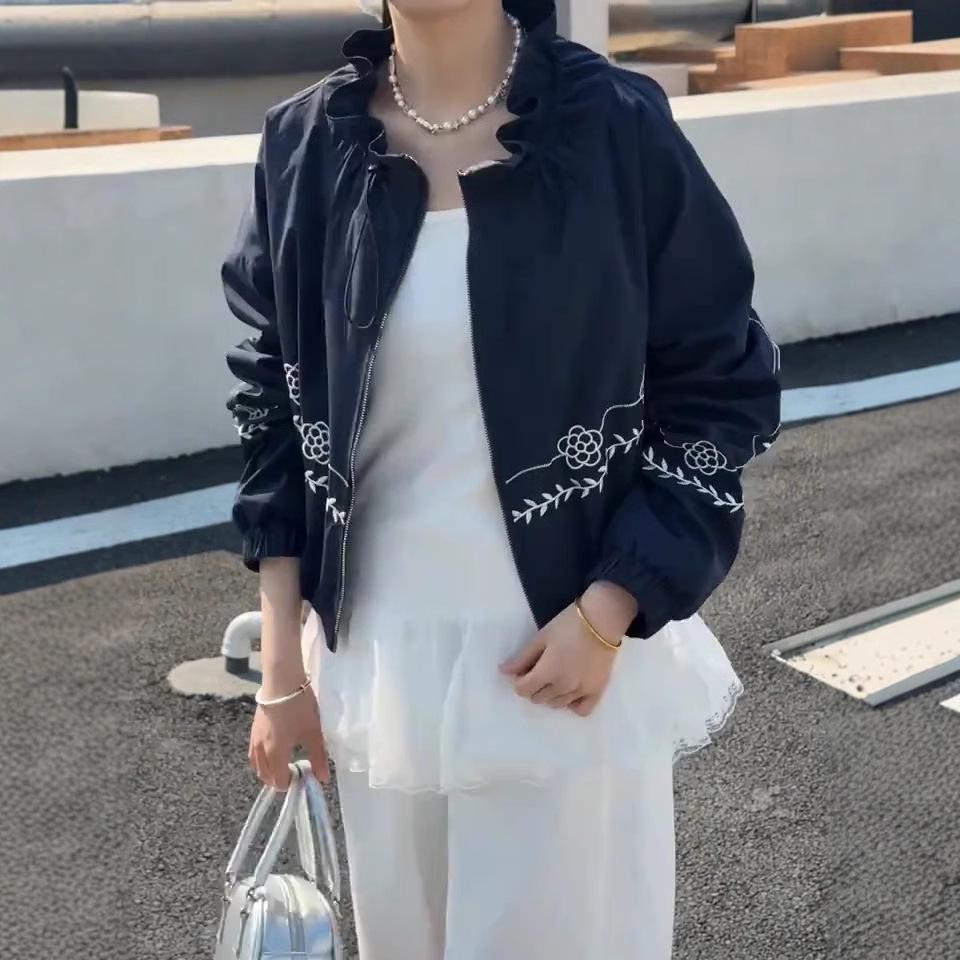 

Women s Korean Frilled Stand-Up Collar Embroidered Jacket - 2025 Spring Collection M