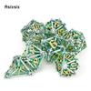 7 Pcs Silver Green Leaf Flower Metal Dice Hollow Metal Polyhedral Dice Set Suitable for Role-Playing RPG  Board Game Card Game