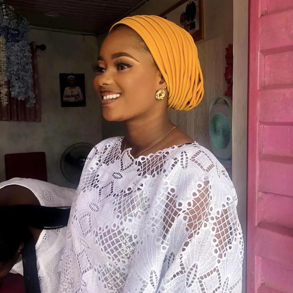 New Candy Color Head Wraps Muslim Hijab Bonnets Fashion Headwear Pleated Turban Cap for Women African Auto Geles Aso Oke Headtie