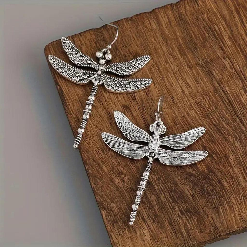 Bohemian Silver-Plated Dragonfly Earrings - Engraved Retro Fashion for Women