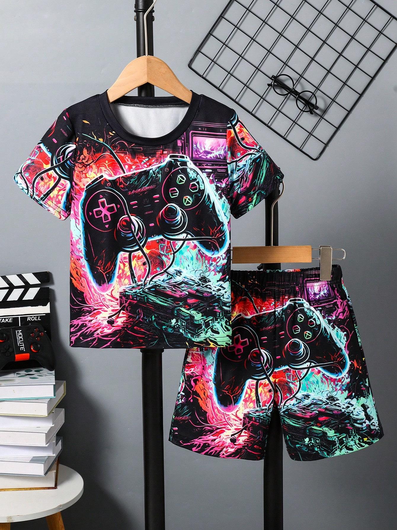 Boys  Two-Piece Outfit: Trendy & Unique Digital-Print Gaming Console Pattern — All-Over Print Short-Sleeve Top & Shorts (Summer Edition) 4Y разноцветный