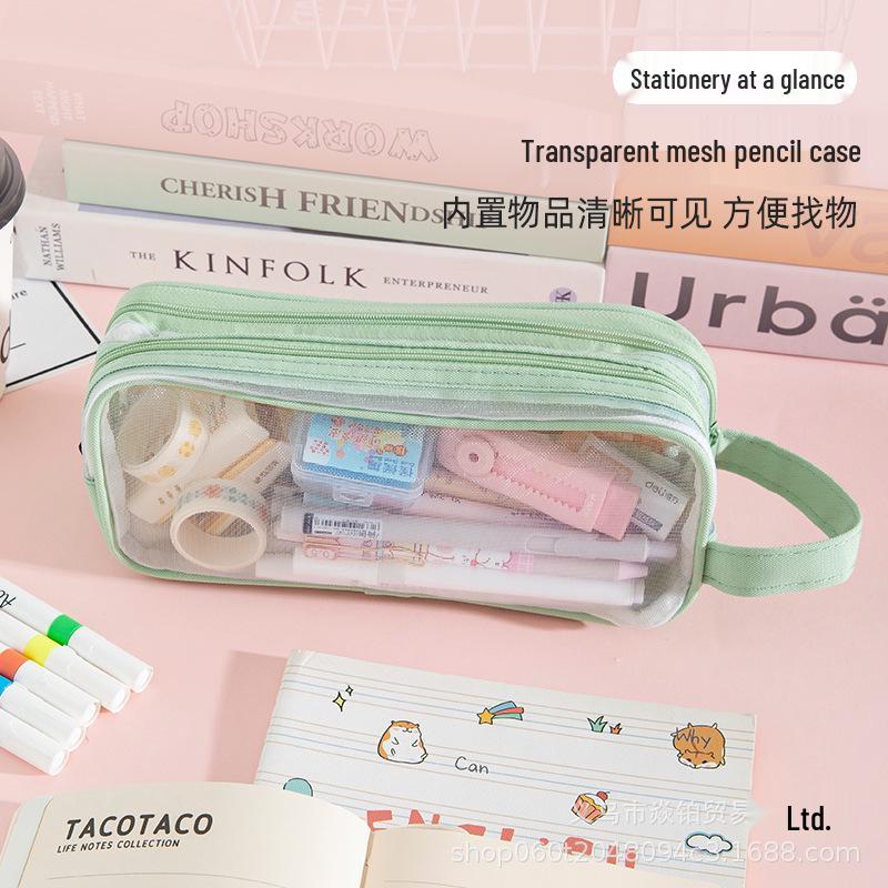 Double-Layer Transparent Mesh Pencil Case: Large Capacity, Portable, Multi-functional Student Stationery Bag for Exams. Purple Double-layer Mesh Pencil Case Handheld