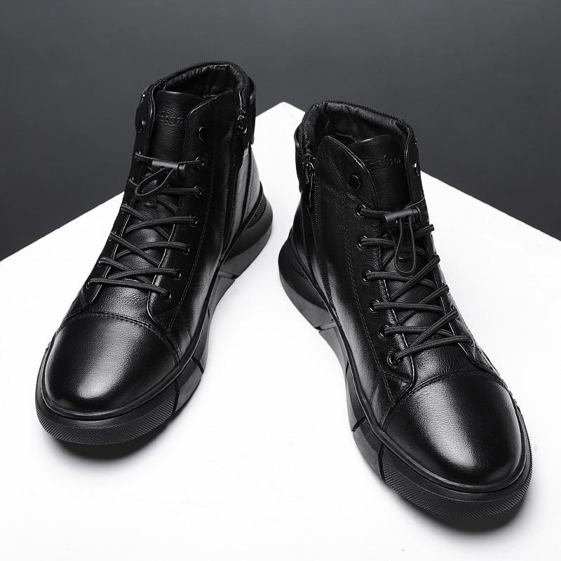 Herrenstiefel Leder Casual Plateaustiefel Reißverschluss Britischer Stil Herbst Winter Mode Bequeme Herrenschuhe Ankle Botas 43 schwarz