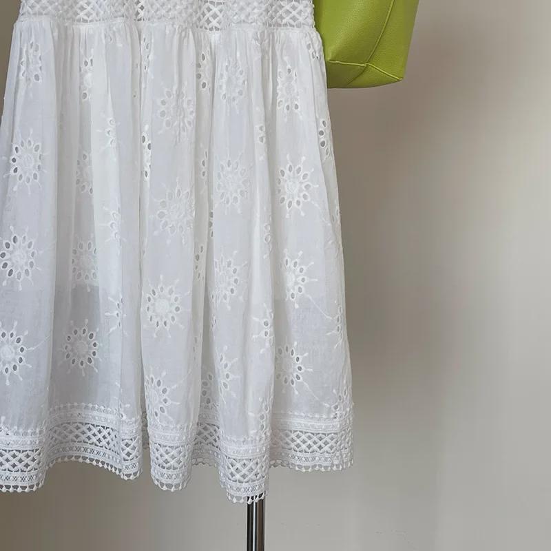 "Little Fresh" Solid Color Lace Hollow Cotton Umbrella Skirt - Women’s White Skirt
