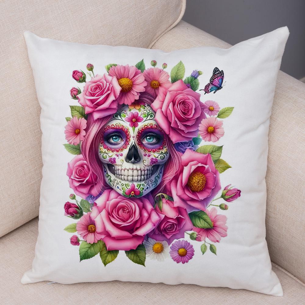 Vibrant Dahlia Sugar Skull Pillowcase Double Print Red Rose Skull Cushion Cover Soft Plush Pastel Floral Skull Pillowe Case