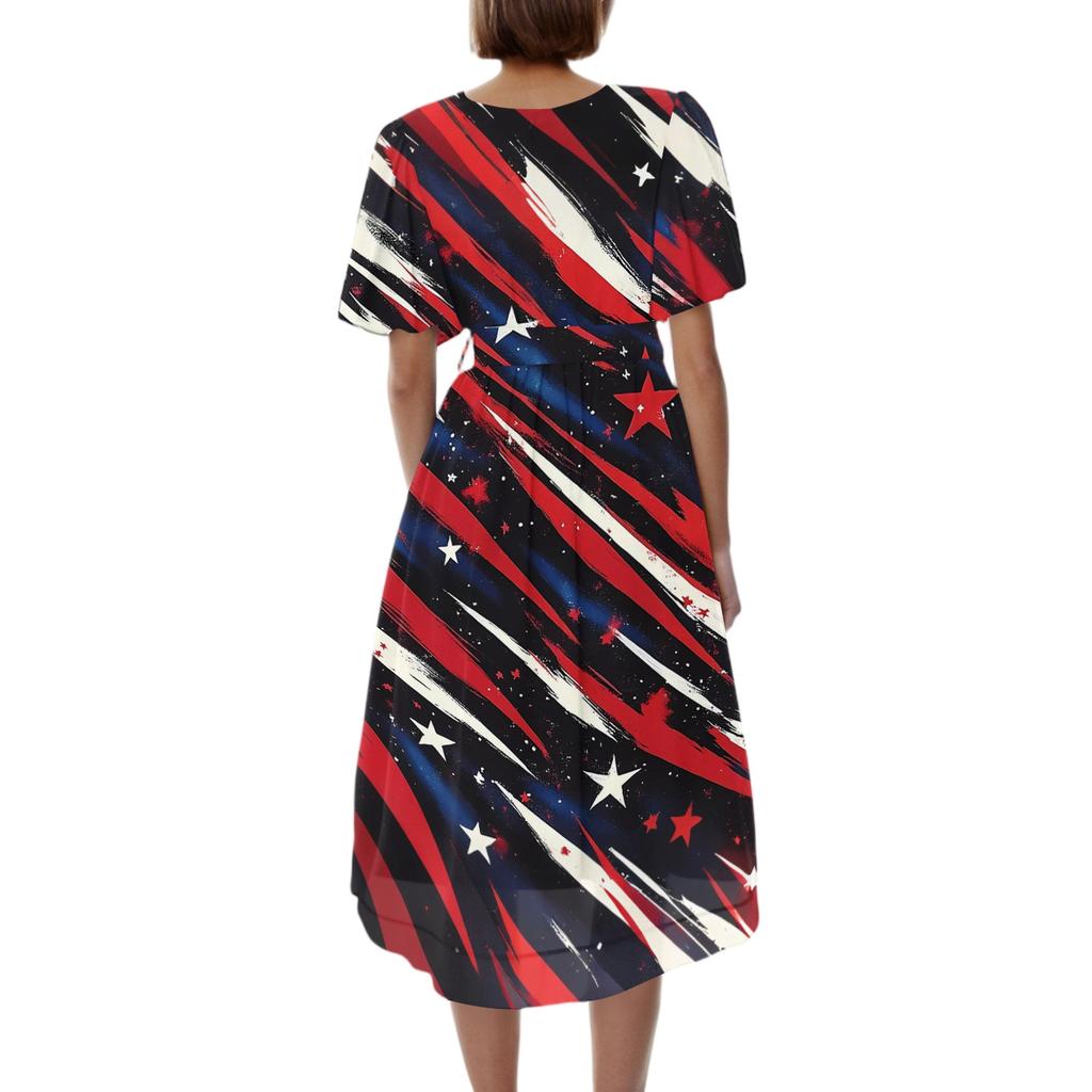 Women's Casual V Neck Short Sleeve Dress with Independence Day Stars and Stripes Print Wrap Style Midi Dress for Summer