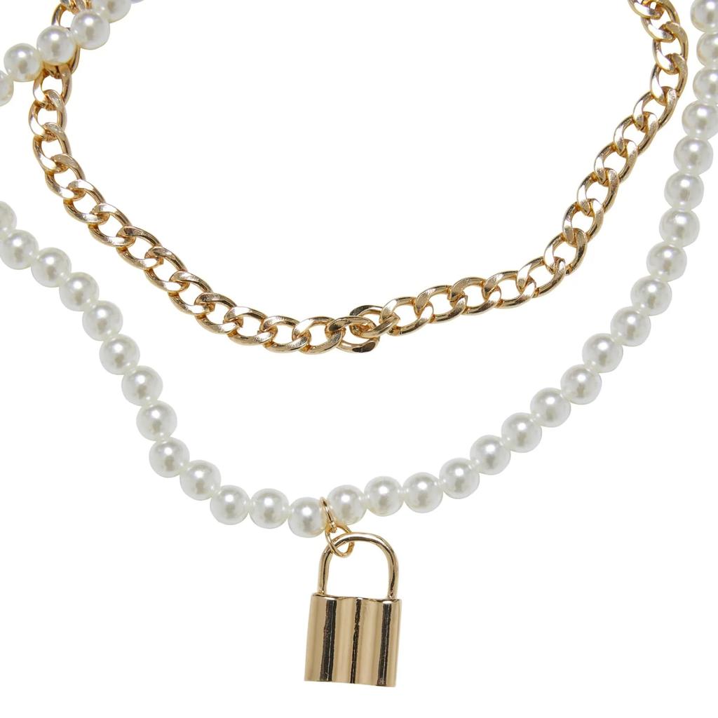 Urban Classics Faux Pearl Padlock Layered Necklace