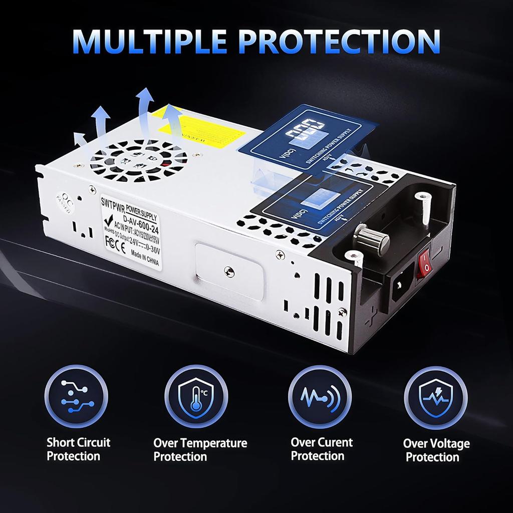 Adjustable 0-24V DC Power Supply 600W with LED Display, 110V To 24V AC/DC Converter for LED Lights, Car Stereo, Automotive Use