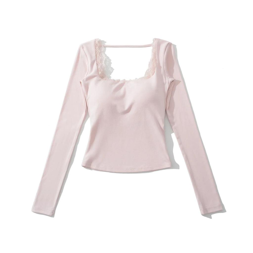 Women's Pure Desire Lace Trim Long Sleeve Slim Fit Top with Chest Pads - Ideal for Spring and Autumn