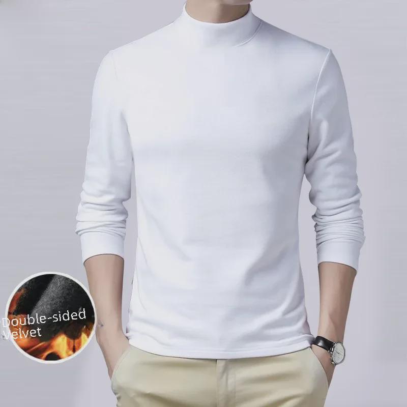 Men's Printed Warm Long-Sleeve Velvet T-Shirt with Double-Sided Velvet and Half-High Collar – Autumn/Winter Style