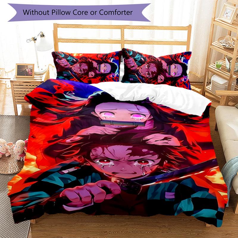 3-teiliges Demon Slayer Muster Bettwäscheset Bettbezug-Set enthält Bettbezug & Kissenbezüge, perfekte Ganzjahres-Schlafzimmerdekoration & Geschenk
