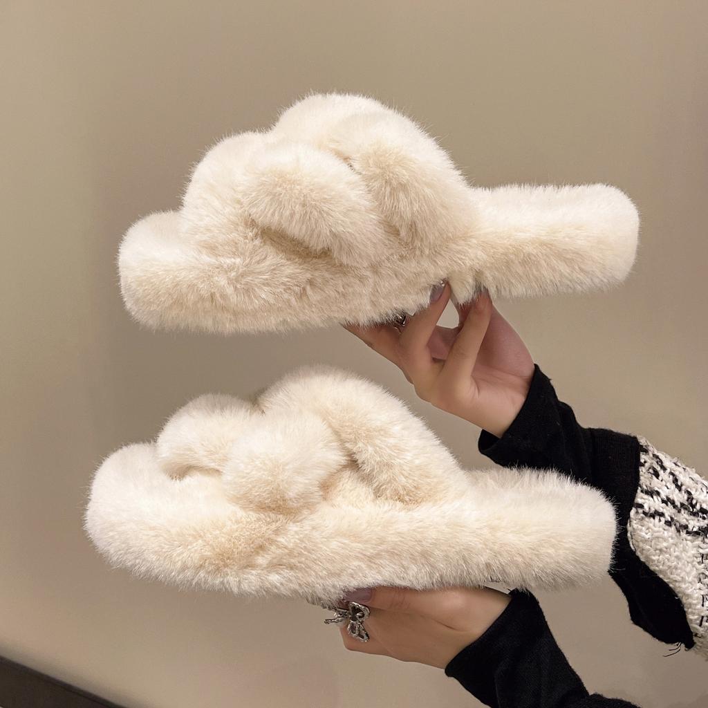 Mao Mao Slippers Female Spring and Autumn Thick Bottom Versatile Fairy Style Fashion Cross Home Plush Cotton Slippers