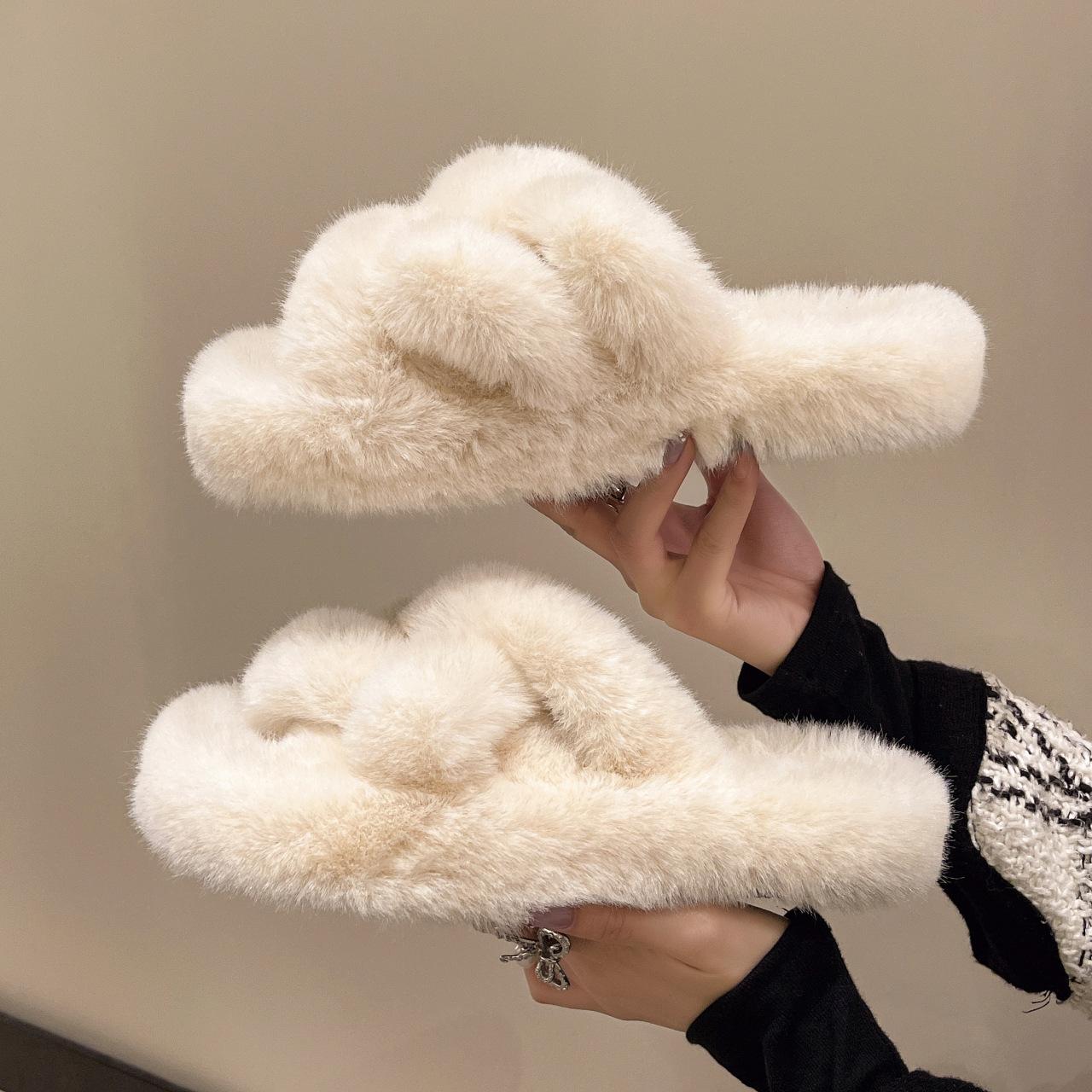 Mao Mao Slippers Female Spring and Autumn Thick Bottom Versatile Fairy Style Fashion Cross Home Plush Cotton Slippers 35 3129₽
