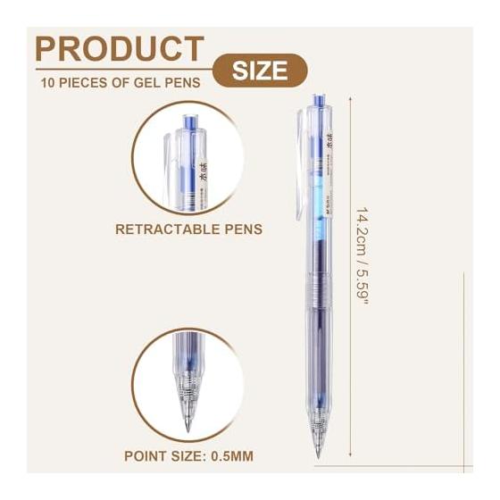 PATIKIL 10pcs 0.5mm Gel Ink Ballpoint Pens, Knock Type, Blue Ink, Medium Point, Smooth Writing, Quick Dry, for Memo Writing, Note Taking, Stationery