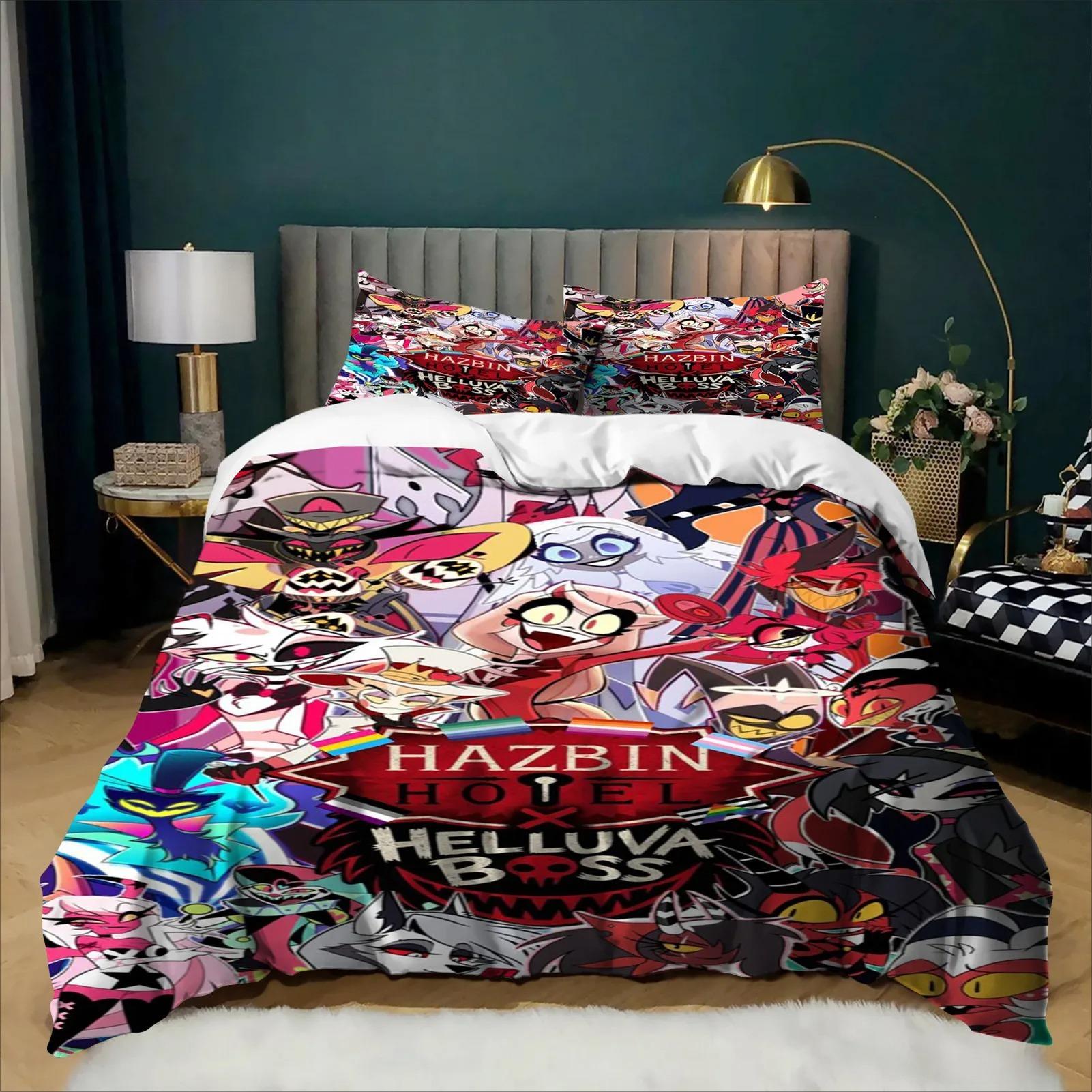 Housse de couette 3D Hazbin Hotel Ensemble 2/3 pièces Dessin animé Anime Ensemble de literie Lit simple double King Pour enfants Garçon Fille Textile de maison Cadeau 100x135cm (2pcs)