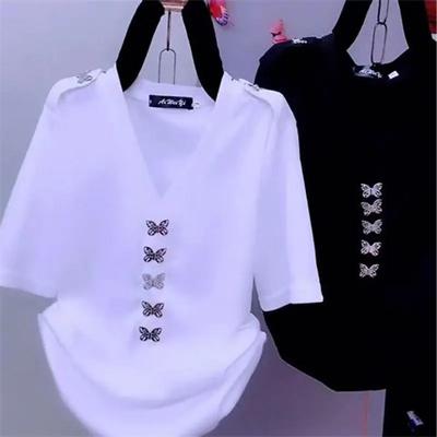 Sommer Damen Einfarbiges T-Shirt Schmetterlingsdekoration Damen Elegant V-Ausschnitt Sexy Rückenfrei Pullover